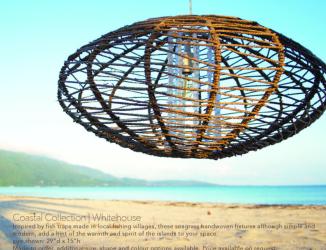 handwoven seagrass lighting fixture with beach in the background
