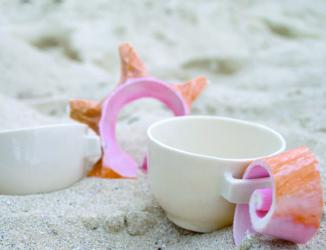 conch shell handle ta cups sitting in sand