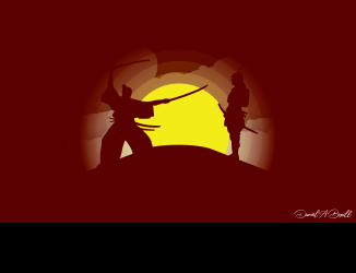Two Swordsmen fighting in silhouette at sunset 