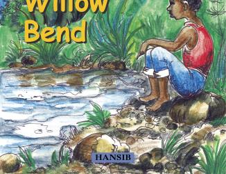 Book title: The Boy from Willow Bend. Young Black boy in red shirt and blue pants sitting by a pond with trees and greenery and the orange bright sun.