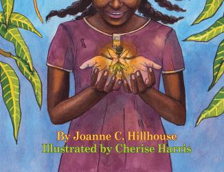 Book title: With Grace. Black female child with hair in wild plaits, framed by mangoes, holding a mango tree faeire who is the yellows and greens of a mango blossom in her open palms. The girl is wearing a purple dress and looking at the faeire in awe and joy.