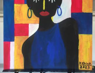 A painting on canvas of a woman with geometric shapes. She is wearing a blue top.