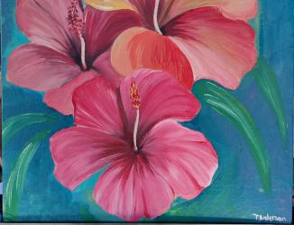 Acrylic painting of three blooming pink and peach hibiscus flowers with buds and green leaves against a turquoise background, acrylic on Canvas by Taniki Anderson 