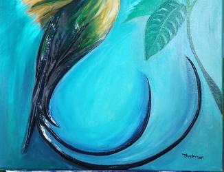 Textured relief acrylic painting of a green and black hummingbird with long curved tail feeding from a pink hibiscus, raised 3D effect coming off the turquoise canvas, original artwork by Taniki Anderson