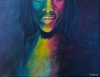 Acrylic portrait painting of a rasta man smiling, face and chest painted in vertical rainbow stripes of rastafarian colors red, yellow and green on a dark blue and purple background, by Taniki Anderson