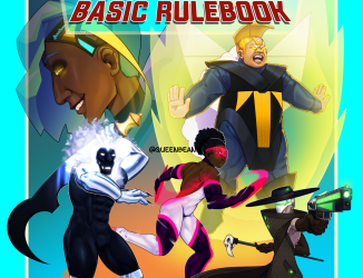A TTRPG Rulebook cover featuring 5 superpower characters in various poses, showcasing their power and style