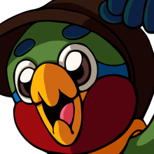 A digital illustration of the artist's parrot character, Pree. She's green with blue stripes from her eyes to the back of her head, a yellow beak, and the bottom half of her face is red.